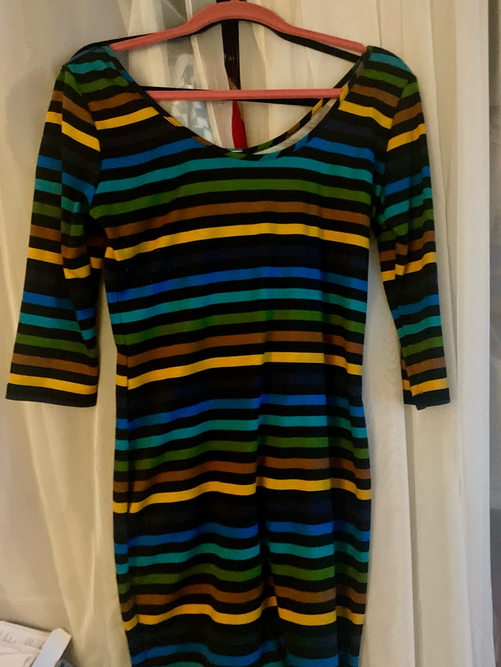 Striped Long-Sleeve Scoop Dress in Blue, Green & Yellow